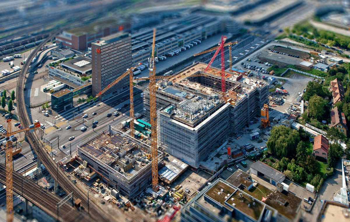 An aerial overview of a busy construction site